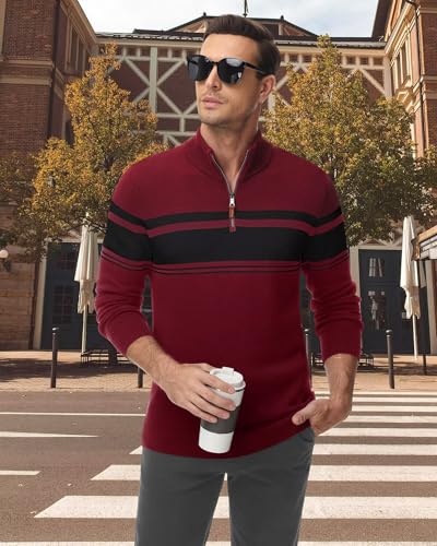 Boladeci Men's Sweaters Quarter Zip Pullover Premium Cotton Comfort Mock Neck Striped Fall Winter Fashion Thermal Sweaters2