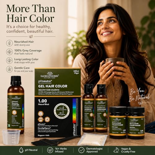 Image of SACRED HERBS Natural Gel Hair Color, Premium Pack | India's 1st pH Neutral Formula | Ammonia, PPD & Paraben Free | 20+ Herbal Actives, 100% Grey Coverage | Conditioning & Damage Free, For Women ( Natural Black 1.00 ) 240ml + 20gm