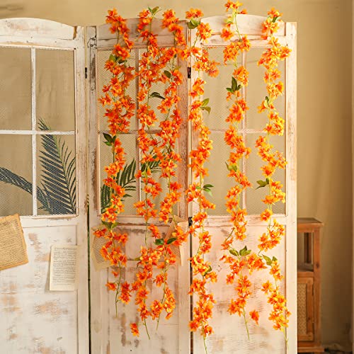 JUSTOYOU 2 Pcs 6FT Artificial Sakura Cherry Blossom Flowers Fake Hanging Vine for Outdoor Indoor Wedding Wall Badroom Decoration(Cherry Blossom Orange) - Image 3