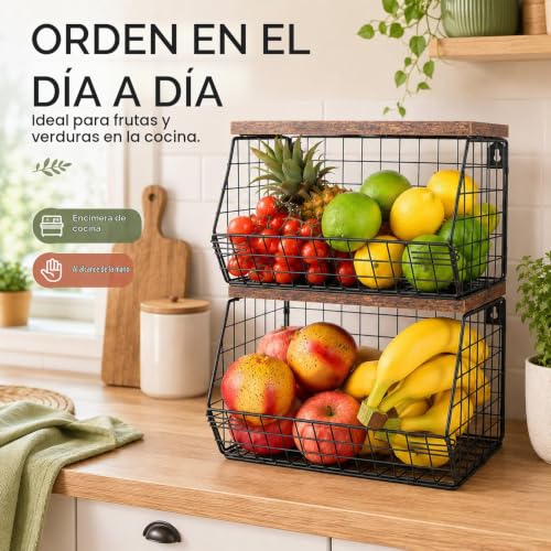 Miniatura 6 de Lopyxbr 2 Cestas De Frutas Colgantes Negras, 30 X 21 X 16 Cm, Frutero Colgante Para Cocina, Cesta De Frutas Colgante Con Tapa De Madera Para Guardar Verduras, Frutas Y Aperitivos