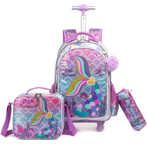 Egchescebo Kids Rolling Mermaids Backpack for Girls Sequins Trolley Suitcases Luggage Travel with Wheels Bookbag Wheeled 17