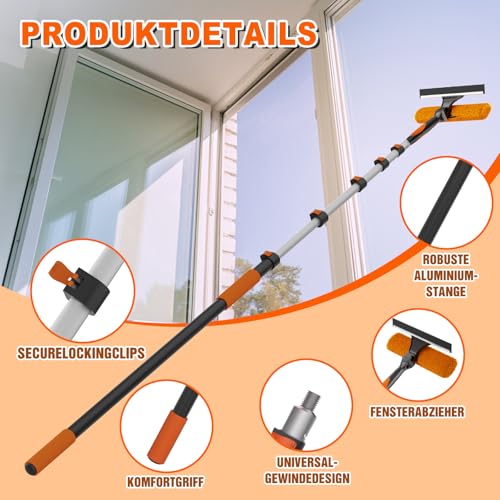 SISUPASSIE 2-in-1 Fensterputzer, 7,2m Fensterabzieher, professionelles Fensterwischer mit Teleskopstiel, drehbarer Kopf für hohe Fenster, für den Innen- und Außenbereich