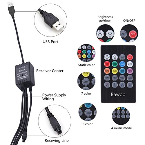 Auto Innenbeleuchtung LED Atmosphäre Licht, Bawoo 48 Streifen Leuchten Innenraumbeleuchtung USB-Port Lichtleiste mit Fernbedienung – Ansicht 3