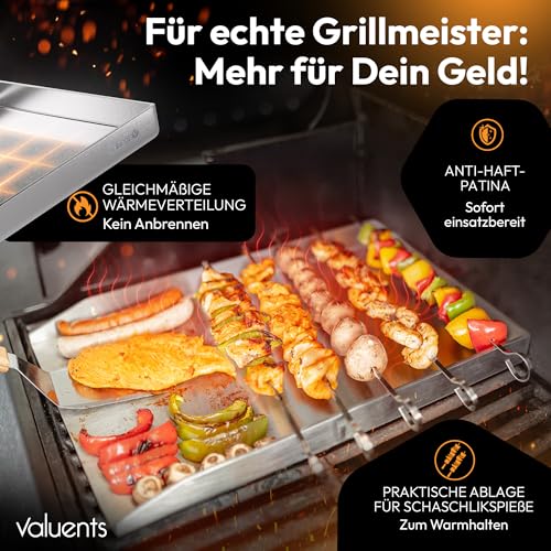 valuents® Grillplatte - Plancha Grill Platte aus dickem & rostfreiem Edelstahl – 40 x 30 cm – für BBQ Gasgrill & Kohlegrill geeignet +PLUS: Bürste & Grillspachtel 2