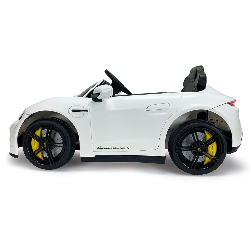 INJUSA Samochód elektryczny Porsche Taycan 12 V, dla dzieci w wieku od 2 do 4 lat, oświetlenie, hałas, bieg wsteczny, pilot zdalnego sterowania, akumulator i ładowarka w zestawie, 6 km/h, biały