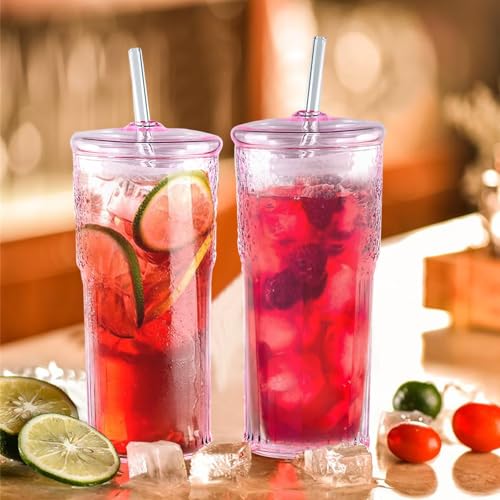 600ML Ribbed Glass Tumblers with Lids and Straws - Set of 2, Leakproof Drinkware for Iced Coffee, Cocktails, Smoothies & Tea - Stylish Pink Glasses - Image 4