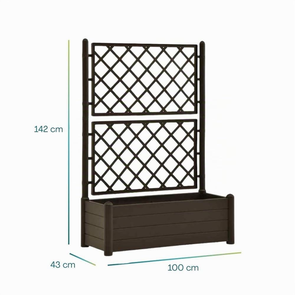 PALUPLUS Fioriera Rettangolare con Spalliera da Esterno, Misura 100x43x142 cm, Vaso in Plastica Resistente airaggi UV, Traliccio con Grigliato per Fiori e Rampicanti -036F (Marrone)