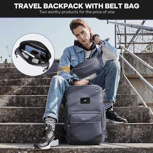 Maelstrom Travel Backpack for Men Women, 35L Carry on Backpack for Traveling on Airplane,with Belt Bag&Shoe Compartment,Waterproof Laptop Backpack fit 17”Laptop-Mystery Grey2