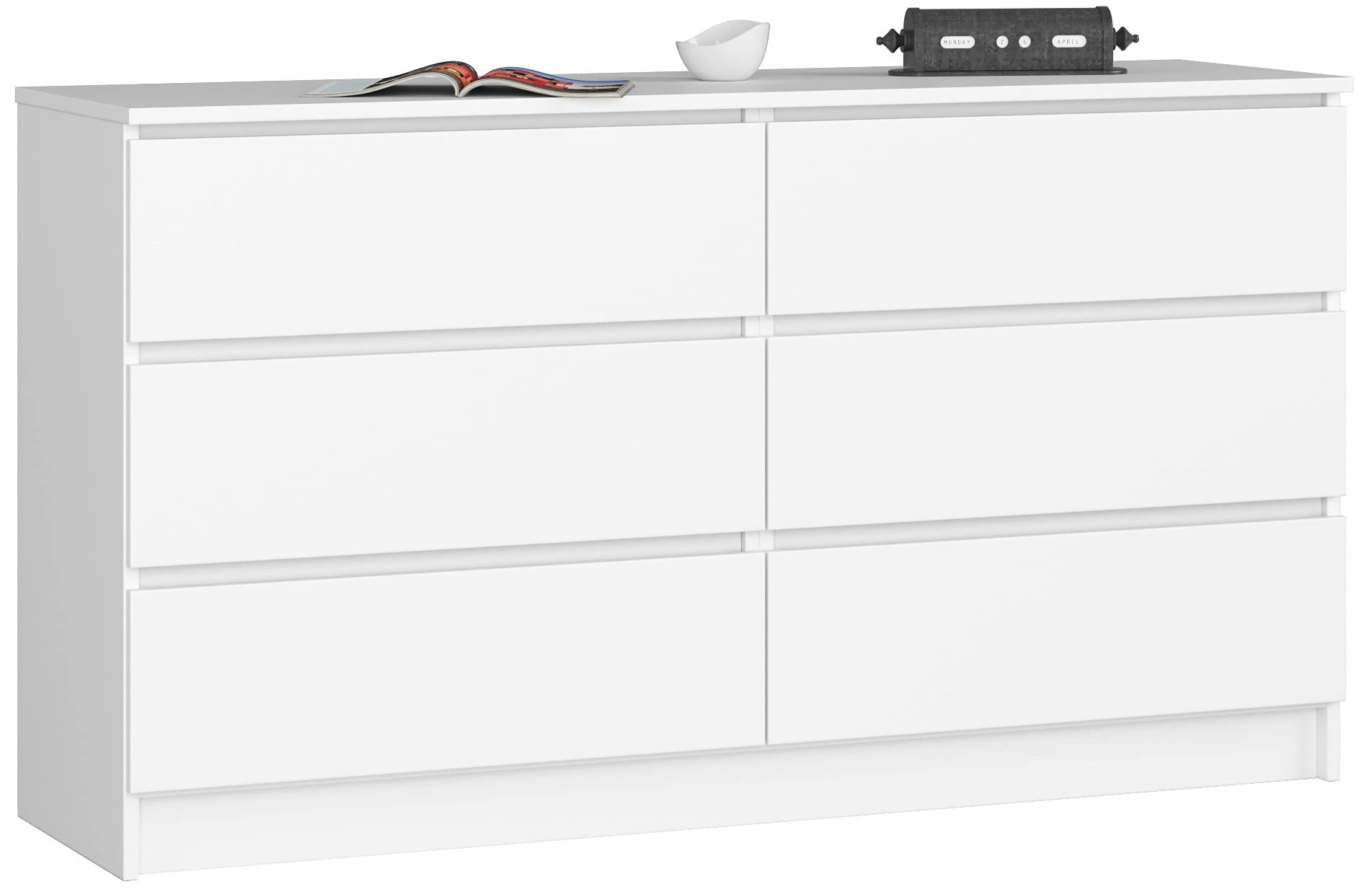 AKORD Commode K-140 avec 6 Tiroirs | Commode Classique pour La Chambre, Salon | Meuble de Rangement | L138 x H77 x P40 cm, Poids 51 kg | Blanc