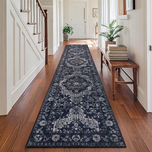 Nesrt Boho Runner Rug 2x10ft, Non-Slip, Washable, Navy Blue