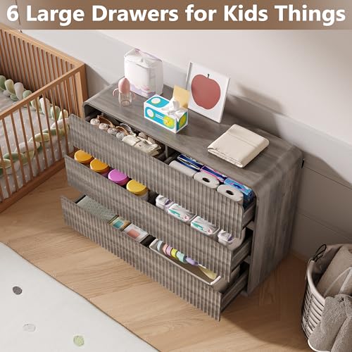 Image of BORNOON Dresser for Bedroom with 6 Drawers, Fluted Chest of Drawers with Round Curved Corner, Hidden Handles, Modern Wood Storage Organizer for Bedroom, Nursery, Living Room