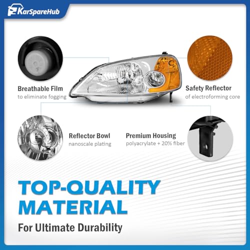 KarSpareHub Headlights Assembly for 2001-2003 Honda Civic 2/4Door Headlamp Replacement Chrome Housing Amber Reflector Driver & Passenger Side by KarSpareHub - Image 5