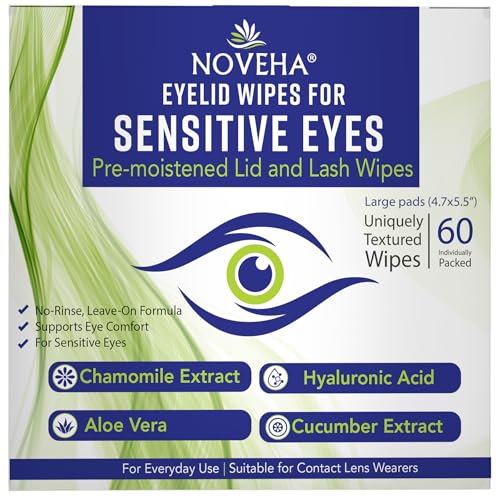 NOVEHA Eyelid Wipes - For Delicate Lashes and Eyelids - With Hyaluronic Acid, Chamomile, and Aloe Vera - Individually Wrapped Pre-moistened Pads (60 Wipes)