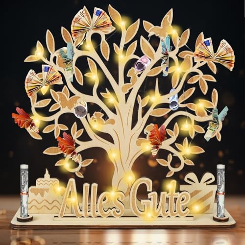 Johiux LED Geldgeschenke Verpackung,Personalisierte Geldgeschenke Geburtstag aus Holz,Geldgeschenk Hochzeit,Geldbaum Geldgeschenke Geburtstag für Männer Frauen,Lebensbaum Wunscherfüller Geldgeschenk