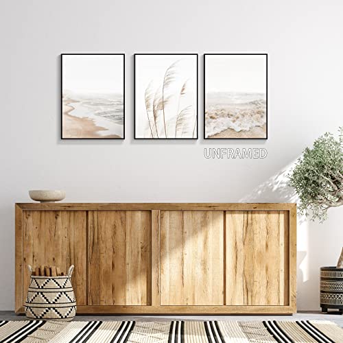 Neutral Beach Coastal Canvas Wall Art Set Of 3 12X16In, Boho Botanical Pampas Grass Posters Room Aesthetic Farmhouse Nature Landscape Plant Ocean Prints Paintings Decor For Bathroom Unframed #TOP3