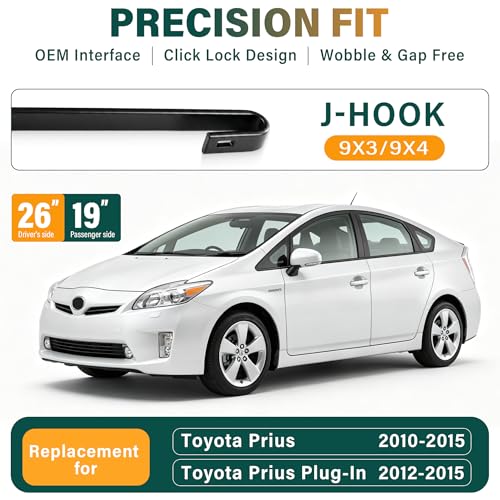 Image of Windshield Wiper Blades Replacement for Toyota Prius 2010-2013 2014 2015 | Plug-In 2012-2015,Original Equipment Replacement Front Rear Wipers Blade Set - 26 inch+19 inch+16 inch ,3 pack,U /J Hook