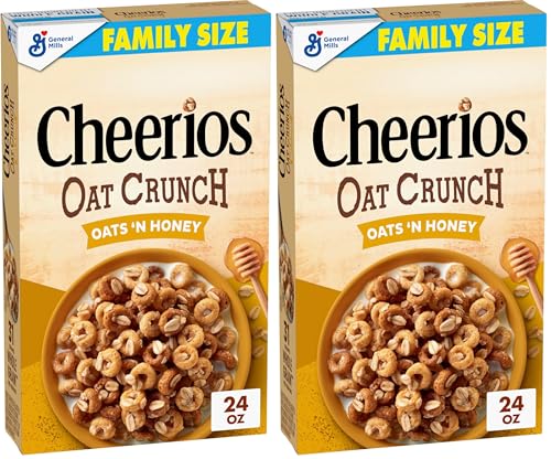 Image of Cheerios Oat Crunch Oats 'N Honey Breakfast Cereal, Made with Whole Grain, Family Size, 24 oz (Pack of 2)