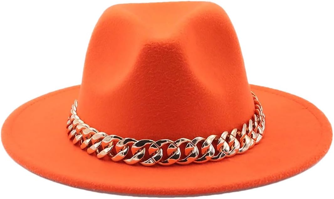 Generic Womens's Hat Wide Brim Thick Chain Band Felted Hat Panama Cowboy Jazz Hats Men Caps Fedoras Orange 58-61CM, Large
