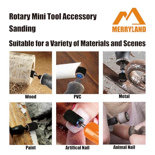 Merryland Schleifhülse für Dremel 184 Stück, Schleifband 80# 13 X 13 mm 180 Stück und Schleifwalze 4 Stück, SchleifenBand für Maniküre Pediküre, Mini Drehwerkzeug Zubehör Elektrowerkzeuge, RMTA184C1