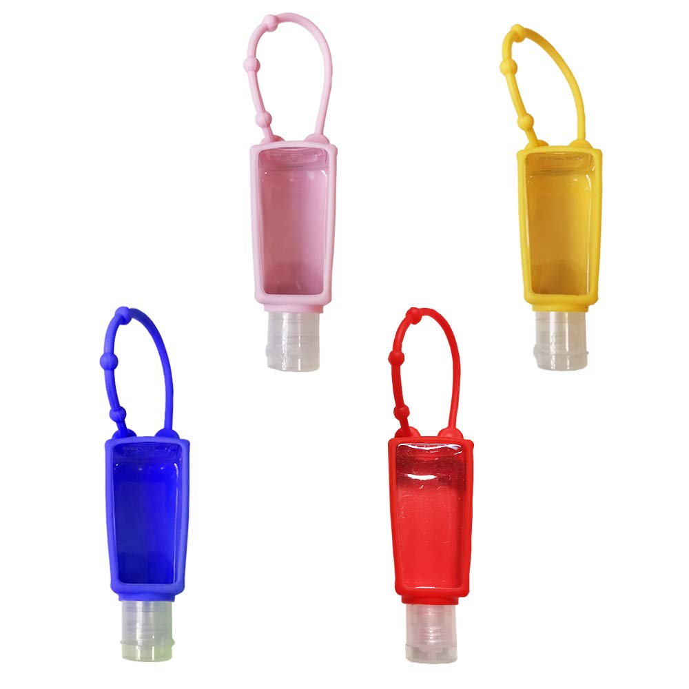 Empty Travel Bottle Kids Hand Sanitizer Holder with Silicone Case Keychain Keyring Leak Proof, 30ml Plastic Squeeze Portable Refillable Reusable Travel Bottles (4PACK, Red+Yellow+Blue+Pink)