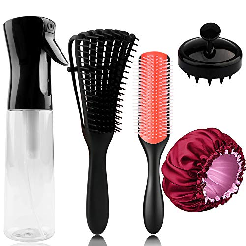 5 PCS Hair Spray Bottle Set with Detangler Brush Combs,9-Row Styling Brush,Scalp Massager Brush,Satin Sleep Bonnet,Continuous Spray Water Bottle for Hair Styling Great On 4C,Curly, Wet or Dry Hair