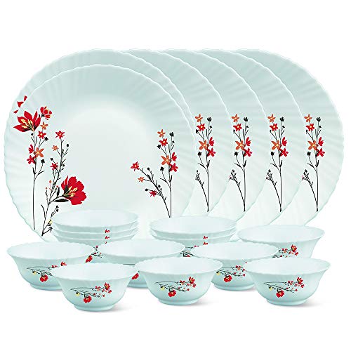 Larah by Borosil Glass Chrys RedThali Set (White) - 18 Pieces
