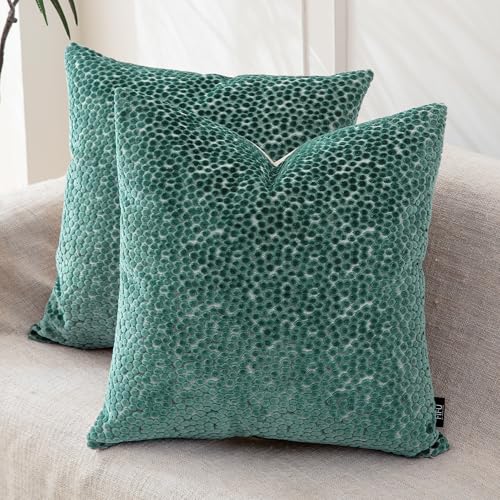 FIFU Couch Throw Pillow Covers 20x20 Inch Set of 2 - Jacquard Velvet Front & Neutral Textured Back, Decorative Cushion Covers with Invisible Zipper for Living Room, Bedroom & Home Sofa, Teal Green