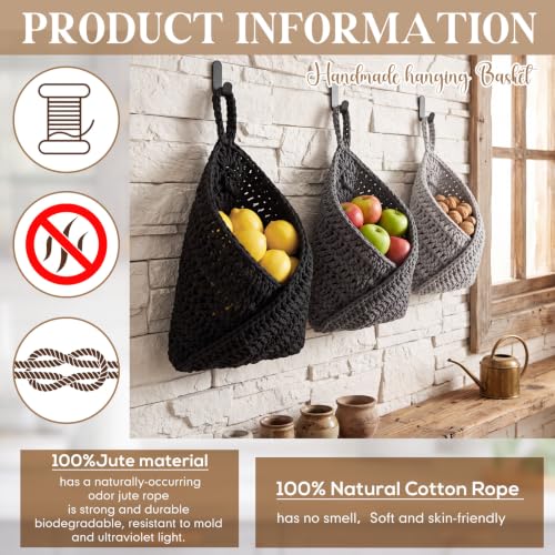 Image of Honeydak 3 Hanging Baskets, Grey, White, Dark Grey, Triangle, Cotton Rope