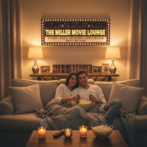 Image of Custom Movie Theater Marquee Sign with LED Bulbs | Home theater, cinema room, man cave, bottle service sign, vintage style, personalized light, 20-60 inch