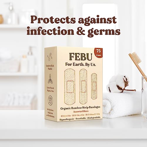 Febu Eco-Friendly Organic Bamboo Fabric Bandages For Sensitive Skin | Flexible Latex Free Bandages | Natural Hypoallergenic Bandages For Scrapes, Cuts & First Aid | 75 Count Variety Pack #TOP7