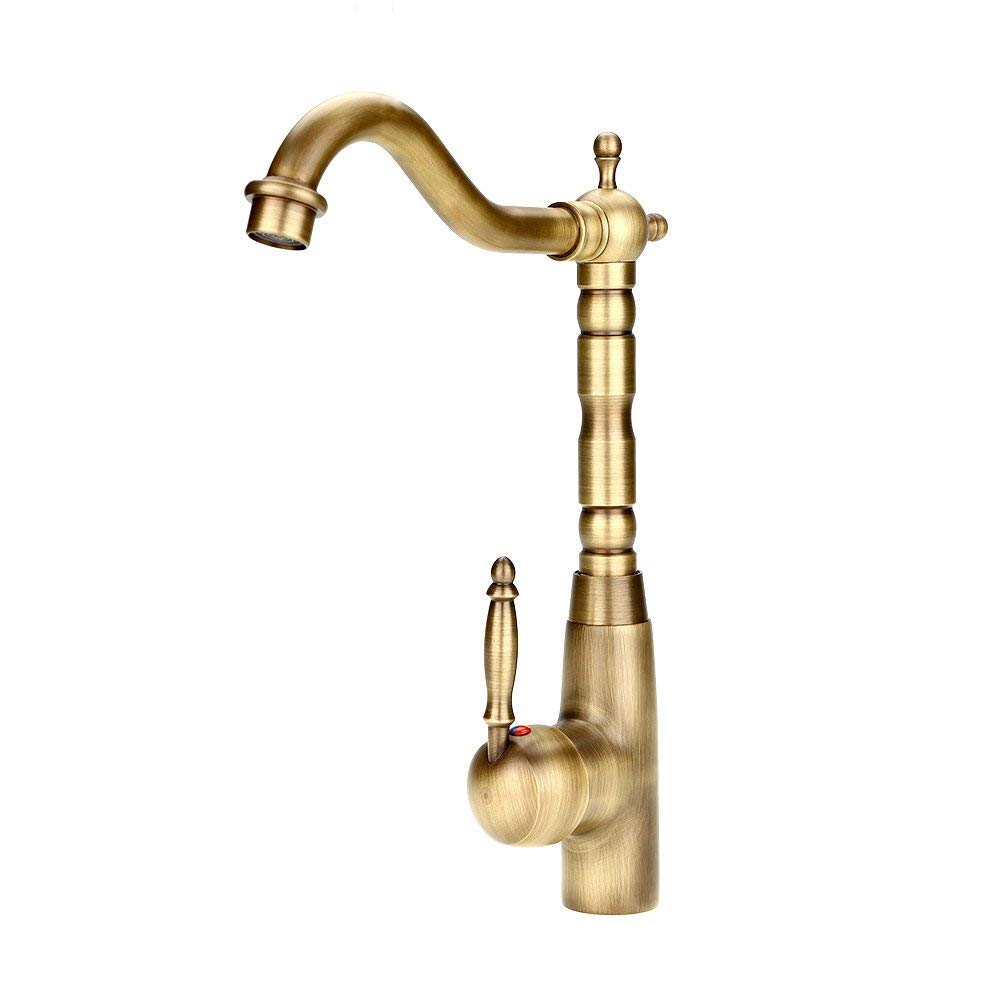 Grifo Mezclador Retro de Latón Sólido para Fregadero con Un Solo Orificio y Manija, Grifo de Agua Fría y Caliente para Cocina y Baño