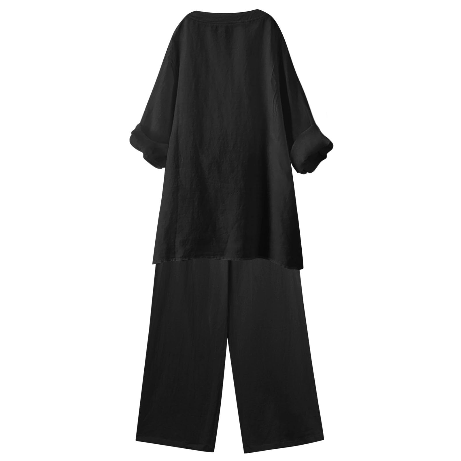 Generisch 2-częściowy strój damski z szerokimi nogawkami, bluzka, kieszenie, elastyczne spodnie, luźna koszula z dekoltem w serek, spodnie modne, streetwear