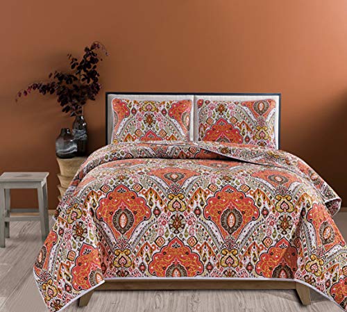 3-Piece Fine Printed (104" X 90") Quilt Set, Bedspread Coverlet King Size Bed Cover (Orange, Green, Multi-Color Medallion) #TOP1