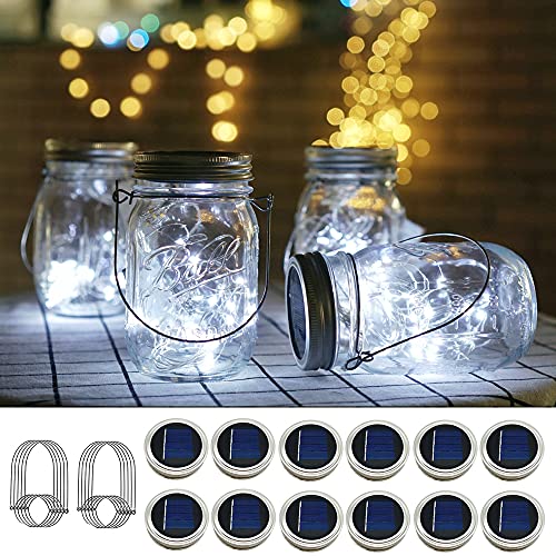 Solar Mason Jar Lights, 12 Pack 30 Led Waterproof Lid Light With Hangers (No Jar), Fairy Firefly Outdoor String Lights For Regular Mason Jar, Patio, Yard, Garden, Wedding Decoration (Cold White) #TOP4