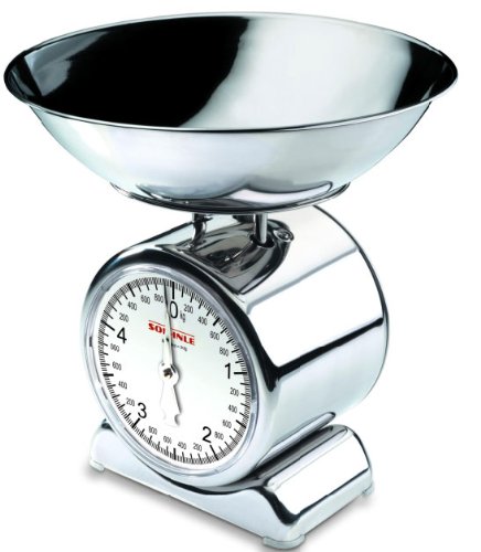 Soehnle Analoge Küchenwaage Silvia aus Edelstahl mit abnehmbarer Wiegeschale, Haushaltswaage mit großer Vollsichtskala, Küchenwaage analog mit 5 kg Tragkraft