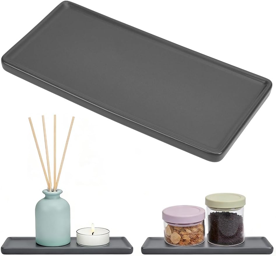 Bathroom Tray Countertop 10.6"x3.7" Rectangle Ceramic Vanity Trays for Bathroom Counter Decorative Dresser Jewelry Perfume Organizer Tray for Cosmetics Rings Necklaces Earrings (Pink)