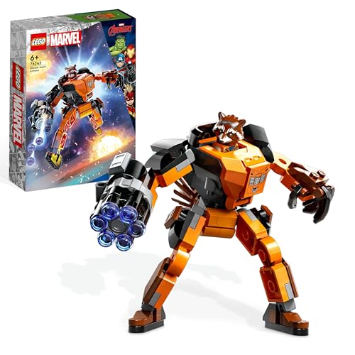 LEGO 76243 Marvel Rocket Mech Spielzeug-Action-Figur des Waschbär Avengers aus Guardians of the Galaxy mit Sammelfiguren für Kinder ab 6 Jahren