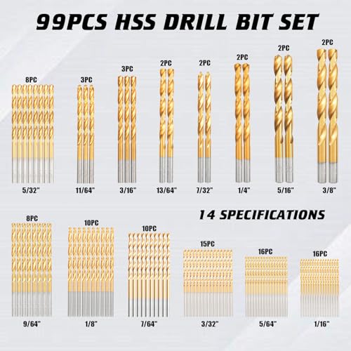 TUMAX SAE 99PCS Titanium Coated Drill Bit Set, 135° Tip High Speed Steel, Twist Drill Bit Set with Storage Case for Aluminum, Copper, Soft Alloy Steel, Wood, Plastic Size from 1/16" to 3/8" - Image 2