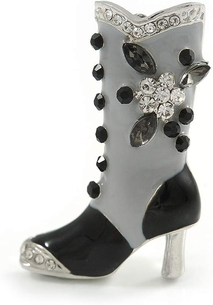 Stylish Grey/Black Enamel Crystal Boot Brooch In Rhodium Plated Alloy - 38mm Tall, black, grey, silver