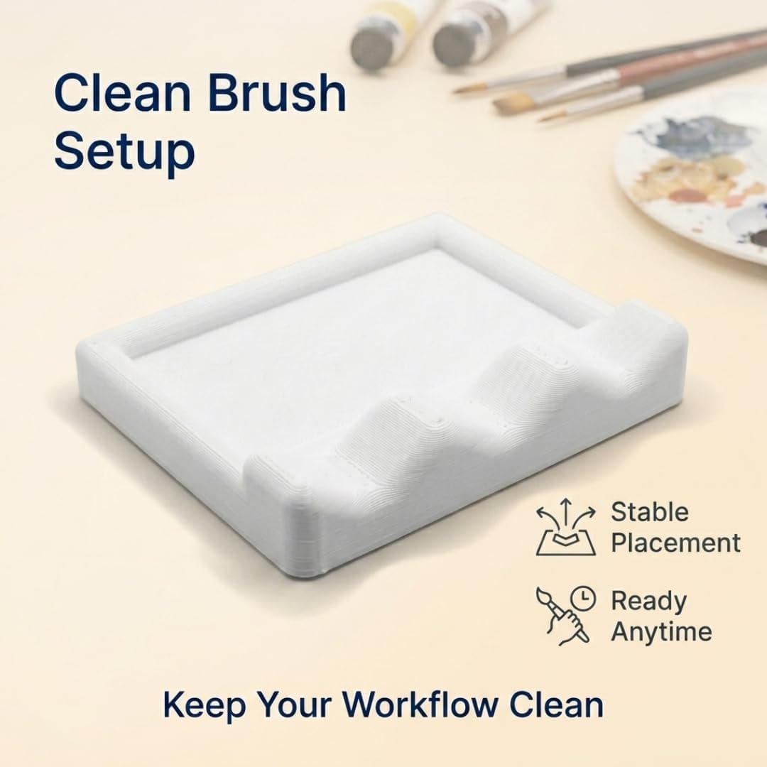 in Use Paintbrush Holder 2 Pack for Artists – Grooved Tray Keeps Brushes Upright While Painting | Freestanding Brush Rest for Acrylic Watercolor Oil | Studio Desk Easel