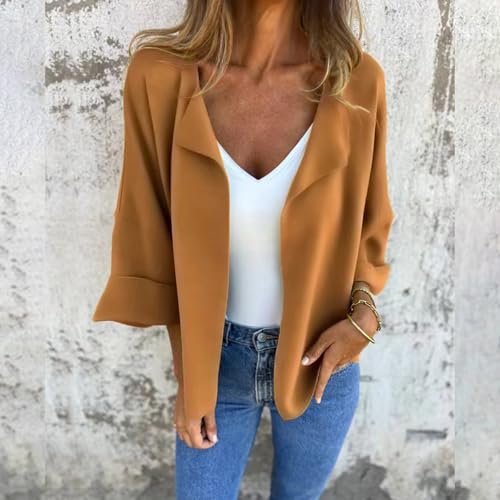 Women's 3/4 Sleeve Cropped Cardigan Casual Faux Suede Lapel Open Front Coats Loose Solid Color Cardigans for Women Trendy2