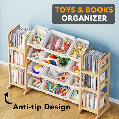 SpaceAid Spielzeug-Organizer mit 6 Regalen und 12 Behältern, Bücherregal/Bücherregal, Kinder-Mülleimerregal, Spielzeugkiste für Spielzimmer-Organisation für Schlafzimmer und Raumdekoration, Weiß