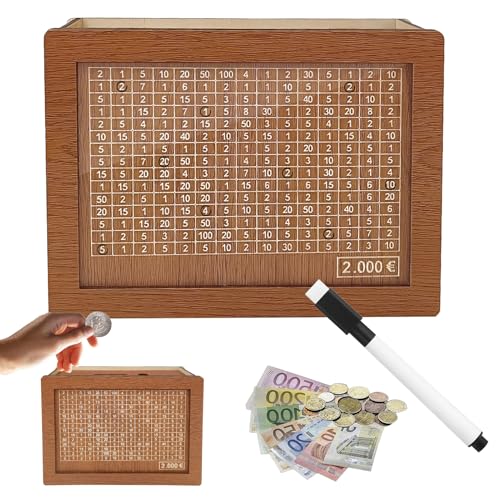 JWDMHSJ Spardose aus Holz spardose mit zähler sparbox mit Zahlen ankreuzen sparschwein aus Holz mit zähler Wiederverwendbare Spardose für Erwachsene und Kinder mit Sparziel (2000)
