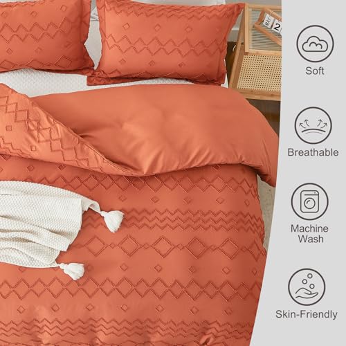 Image of EMME Boho Duvet Cover Twin Size Pumpkin - 2 Pieces Soft & Breathable Tufted Boho Shabby Chic Embroidery Bedding Set for All Seasons, 1 Duvet Cover with 1 Pillow Shams & Zipper Closure (Pumpkin, Twin)