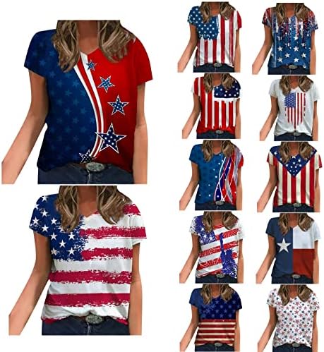 WQJNWEQ Women Summer V Neck Short Sleeve July 4th American Flag T Shirts Independence Day Patriotic Shirt Casual Loose Blouse