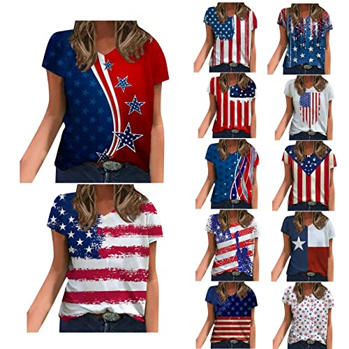 Wqjnweq Women Summer V Neck Short Sleeve July 4Th American Flag T Shirts Independence Day Patriotic Shirt Casual Loose Blouse #TOP3