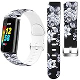 Charge 5 Band Floral Flower Silicone & Cisland Cute Aesthetic Women Pattern Print Fashion Comfortable Slim Compatible with Charge 5 Small/Large + Black Floral Flower