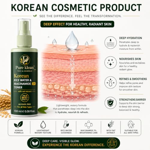Image of Pure Klean Korean Rice Water & Niacinamide 3% Face Toner with Oat Extract | Alcohol-Free Hydrating Facial Toner | Lightweight Daily Toner for All Skin Types | 100 ml