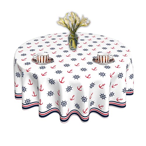 Smuxqni Nautical Tablecloth Summer Round Tablecloth 60 Inch Nautical Anchor Table Cloth Blue White Washable Reused Anchor Table Cover For Home Patio Party Picnic Dinner Table Decor #TOP13