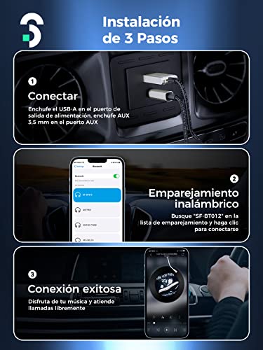 SOOMFON - Receptor Bluetooth V5.1 para Coche, inalámbrico, Compatible con Llamadas Manos Libres, reproducción de música, estéreo, Color Plateado